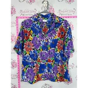 Vintage top Colorful Floral Button-Up Blouse - Vibrant Blue, Purple Red Flowers
